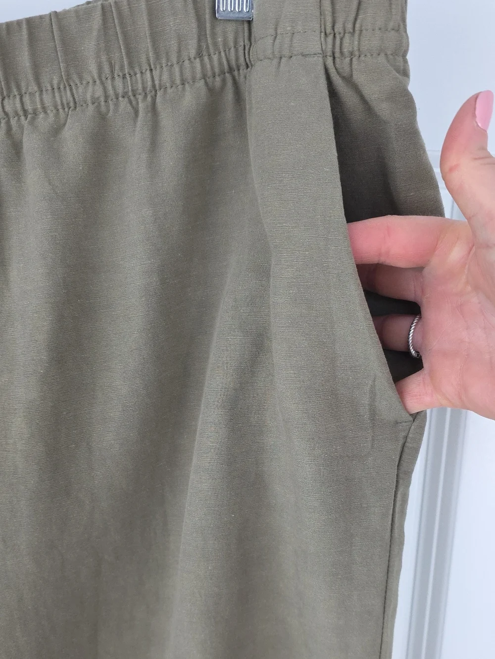 Women's H&M Linen Blend Olive Green Pull On Pants With Pockets Size XL